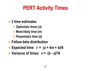 21
 3 time estimates
 Optimistic times (a)
 Most-likely time (m)
 Pessimistic time (b)
 Follow beta distribution
 Expected time: t = (a + 4m + b)/6
 Variance of times: v = (b - a)2/6
PERT Activity Times
 