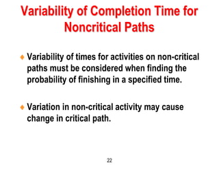 22
Variability of Completion Time for
Noncritical Paths
Variability of times for activities on non-critical
paths must be considered when finding the
probability of finishing in a specified time.
Variation in non-critical activity may cause
change in critical path.
 