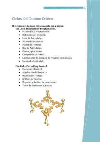 CRITICO
El Método del Camino Crítico consta con 2 ciclos:
1er Ciclo: Planeación y Programación.
 Planeación y Programación.
 Definición del proyecto.
 Lista de Actividades.
 Matriz de Secuencias
 Matriz de Tiempos.
 Red de Actividades.
 Costos y pendientes
 Compresión de la red.
 Limitaciones de tiempo y de recursos económicos.
 Matriz de elasticidad.
2do Ciclo: Ejecución y Control.
 Ejecución y Control.
 Aprobación del Proyecto.
 Ordenes de Trabajo.
 Gráficas de Control.
 Reportes y Análisis de los Avances.
 Toma de Decisiones y Ajustes.
CAP I – INTRODUCCION AL METODO DE CAMINO CRITICO
Ciclos del Camino Critico
 