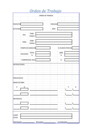PROYECTO PROCESO
ACTIVIDAD RESP.
TEMP.
TARDIA
TEMP.
TARDIA
TOTAL LIBRE
% %
%
INSTRUCCIONES:
PRESUPUESTO
MANO DE OBRA
P R P R
$ $
$ $
MATERIALES
$ $
$ $
LUGAR
FECHA
PREPARADO REVISADO AUTORIZADO
ORDEN DE TRABAJO
HOLGURAS
COMPRESION: DIAS
TERM.
TIEMPO DE DURACION % AVANCE POR DIA
INIC.
CAP III – RED DE ACTIVIDADESOrden de Trabajo
 