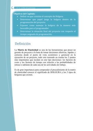 Objetivos del Capítulo:
 Definir en que consiste el concepto de Holgura.
 Determinar que papel juega la holgura dentro de la
programación del proyecto.
 Exponer como manejar la holgura de la manera más
favorable para el programador.
 Determinar la situación final del proyecto con respecto al
tiempo asignado de programación.
La Matriz de Elasticidad es una de las herramientas que posee un
gerente de proyecto a la hora de tomar decisiones efectivas, rápidas y
correctas desde el punto de vista económico y gerencial en la
ejecución de un proyecto, todo esto teniendo en cuenta los 2 puntos
más importantes que inciden en este tipo decisiones: los factores de
costo y los factores de tiempo con relación a las probabilidades de
retraso o adelanto de cada una de las actividades de trabajo.
Es de gran importancia para comprender el procedimiento de la matriz
de elasticidad conocer el significado de HOLGURA y los 3 tipos de
holguras que existen.
CAP VII –MATRIZ DE ELASTICIDAD
Definicion
 