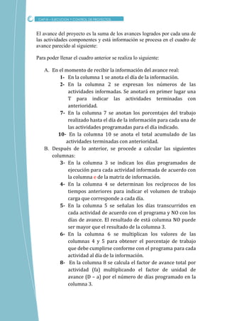 El avance del proyecto es la suma de los avances logrados por cada una de
las actividades componentes y está información se procesa en el cuadro de
avance parecido al siguiente:
Para poder llenar el cuadro anterior se realiza lo siguiente:
A. En el momento de recibir la información del avance real:
1- En la columna 1 se anota el día de la información.
2- En la columna 2 se expresan los números de las
actividades informadas. Se anotará en primer lugar una
T para indicar las actividades terminadas con
anterioridad.
7- En la columna 7 se anotan los porcentajes del trabajo
realizado hasta el día de la información para cada una de
las actividades programadas para el día indicado.
10- En la columna 10 se anota el total acumulado de las
actividades terminadas con anterioridad.
B. Después de lo anterior, se procede a calcular las siguientes
columnas:
3- En la columna 3 se indican los días programados de
ejecución para cada actividad informada de acuerdo con
la columna e de la matriz de información.
4- En la columna 4 se determinan los recíprocos de los
tiempos anteriores para indicar el volumen de trabajo
carga que corresponde a cada día.
5- En la columna 5 se señalan los días transcurridos en
cada actividad de acuerdo con el programa y NO con los
días de avance. El resultado de está columna NO puede
ser mayor que el resultado de la columna 3.
6- En la columna 6 se multiplican los valores de las
columnas 4 y 5 para obtener el porcentaje de trabajo
que debe cumplirse conforme con el programa para cada
actividad al día de la información.
8- En la columna 8 se calcula el factor de avance total por
actividad (fa) multiplicando el factor de unidad de
avance (D – a) por el número de días programado en la
columna 3.
CAP IX – EJECUCION Y CONTROL DE PROYECTOS
 
