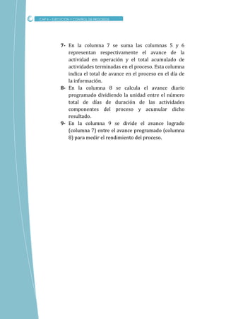 7- En la columna 7 se suma las columnas 5 y 6
representan respectivamente el avance de la
actividad en operación y el total acumulado de
actividades terminadas en el proceso. Esta columna
indica el total de avance en el proceso en el día de
la información.
8- En la columna 8 se calcula el avance diario
programado dividiendo la unidad entre el número
total de días de duración de las actividades
componentes del proceso y acumular dicho
resultado.
9- En la columna 9 se divide el avance logrado
(columna 7) entre el avance programado (columna
8) para medir el rendimiento del proceso.
CAP X – EJECUCION Y CONTROL DE PROCESOS
 