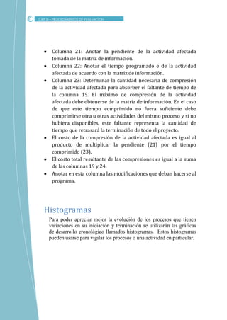 CAP XI – PROCEDIMIENTOS DE EVALUACION
 Columna 21: Anotar la pendiente de la actividad afectada
tomada de la matriz de información.
 Columna 22: Anotar el tiempo programado e de la actividad
afectada de acuerdo con la matriz de información.
 Columna 23: Determinar la cantidad necesaria de compresión
de la actividad afectada para absorber el faltante de tiempo de
la columna 15. El máximo de compresión de la actividad
afectada debe obtenerse de la matriz de información. En el caso
de que este tiempo comprimido no fuera suficiente debe
comprimirse otra u otras actividades del mismo proceso y si no
hubiera disponibles, este faltante representa la cantidad de
tiempo que retrasará la terminación de todo el proyecto.
 El costo de la compresión de la actividad afectada es igual al
producto de multiplicar la pendiente (21) por el tiempo
comprimido (23).
 El costo total resultante de las compresiones es igual a la suma
de las columnas 19 y 24.
 Anotar en esta columna las modificaciones que deban hacerse al
programa.
Para poder apreciar mejor la evolución de los procesos que tienen
variaciones en su iniciación y terminación se utilizarán las gráficas
de desarrollo cronológico llamados histogramas. Estos histogramas
pueden usarse para vigilar los procesos o una actividad en particular.
Histogramas
 