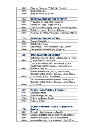 103.02 Bloq. en Muros de 8" SNP (No Cargan)
103.03 Bloq. Antepecho
103.04 Bloq. en Muros de 8" BNP
104 TERMINACION DE SUPERFICIES
104.01 Fraguache en Losa, Viga y Columna
104.02 Pañete en ( Losa , Vigas y Cols. )
104.03 Cantos en (Losa, Viga y Cols) y Goteros Colgantes
104.03 Pañete en Muros ( Interior y Exterior )
104.04 Mochetas en ( Ptas, Ventanas ) y Cantos en Muros
105 TERMINACION DE TECHO
105.01 Fino en Techo Plano
105.02 Zabaleta En Techo
105.03 Impermeab. ( Fibra Poliglass)(4Kg=3.00mm
105.04 Desague de Techo Ø3'' pvc (Bajante)
106 INSTALACION ELECTRICA
106.01
Colocacion Tuberia y Cajas Octogonales en Techo
(Lamp. Fluo. Y Luz Cenital)
106.02
Colocacion Tuberia Piso: Panel Break y Cajas
Rectangulares Interruptores, Tomacorrientes,
Timbre y Telefono
106.03
Alambrando General (Techo, Interruptores,
Tomacorrientes, Timbre, Telefono, Lamp. Fluo. y
Luz Cenital ) + Inst. Panel Break
106.04
Instalacion de Accesorios (Techo, Interruptores,
Tomacorrientes, Timbre, Telefono, Lamp. Fluo. y
Luz Cenital)
107 PISOS ( Inc. Pulido y Brillado )
107.01 Colocacion Malla
107.02 Vaceado Ligadora Chap.
107.03 Colocacion Pisos y Zocalo
107.04 Pulido y Brillado
108
ACERAS PERIMETRALES ( Laterales y
Poster
108.01 Armado y Colocacion Acero Bordillo
108.02 Vaceado Ligadora Zap. Bordillo y Coloc. Bloques
108.03 Relleno compactado (h=0.20m) Laterales
108.04 Vaceado Hormigon simple violinado (h=0.10m)
 