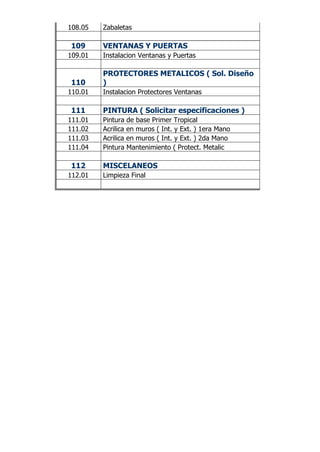 108.05 Zabaletas
109 VENTANAS Y PUERTAS
109.01 Instalacion Ventanas y Puertas
110
PROTECTORES METALICOS ( Sol. Diseño
)
110.01 Instalacion Protectores Ventanas
111 PINTURA ( Solicitar especificaciones )
111.01 Pintura de base Primer Tropical
111.02 Acrilica en muros ( Int. y Ext. ) 1era Mano
111.03 Acrilica en muros ( Int. y Ext. ) 2da Mano
111.04 Pintura Mantenimiento ( Protect. Metalic
112 MISCELANEOS
112.01 Limpieza Final
 