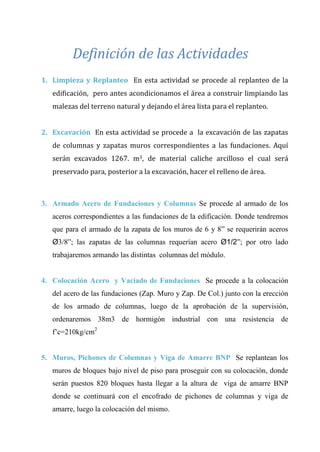 CAP Vi –LIMITACIONES EN LA EJECUCION DE PROYRCTOS
CAP Vi –LIMITACIONES EN LA EJECUCION DE PROYRCTOS
CAP III – RED DE ACTIVIDADES
Definición de las Actividades
1. Limpieza y Replanteo En esta actividad se procede al replanteo de la
edificación, pero antes acondicionamos el área a construir limpiando las
malezas del terreno natural y dejando el área lista para el replanteo.
2. Excavación En esta actividad se procede a la excavación de las zapatas
de columnas y zapatas muros correspondientes a las fundaciones. Aquí
serán excavados 1267. m3, de material caliche arcilloso el cual será
preservado para, posterior a la excavación, hacer el relleno de área.
3. Armado Acero de Fundaciones y Columnas Se procede al armado de los
aceros correspondientes a las fundaciones de la edificación. Donde tendremos
que para el armado de la zapata de los muros de 6 y 8” se requerirán aceros
Ø3/8”; las zapatas de las columnas requerían acero Ø1/2”; por otro lado
trabajaremos armando las distintas columnas del módulo.
4. Colocación Acero y Vaciado de Fundaciones Se procede a la colocación
del acero de las fundaciones (Zap. Muro y Zap. De Col.) junto con la erección
de los armado de columnas, luego de la aprobación de la supervisión,
ordenaremos 38m3 de hormigón industrial con una resistencia de
f’c=210kg/cm2
5. Muros, Pichones de Columnas y Viga de Amarre BNP Se replantean los
muros de bloques bajo nivel de piso para proseguir con su colocación, donde
serán puestos 820 bloques hasta llegar a la altura de viga de amarre BNP
donde se continuará con el encofrado de pichones de columnas y viga de
amarre, luego la colocación del mismo.
 