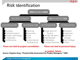 Risk Identification
F u n d in g
P o lit ic a l S u p p o r t
S h a r e d T e c h n o lo g y
A s s o c ia t e
P e r fo r m a n c e
E x t e r n a l R is k s
P la n n in g
R e s o u r c e s
T o o ls
S k ills
S u b c o n t r a c t o r
P e r fo r m a n c e
I n t e r n a l R is k s
I m p le m e n t a t io n R is k s
S in g le p o in t o f
F a ilu r e
L im it e d life it e m s
E x p e n d a b le s
U n t e s t a b le s
P r o c e s s S e n s it iv e
R is k s o f F a ilu r e
R a d ia t io n
E x p lo s iv e s
P o t e n t ia l
E n e r g y
H ig h V o lt a g e
T o x in s
R is k s o f H a z a r d s
P r o d u c t R is k s
P r o je c t R is k
These can lead to project cancellation. These can lead to personal injury
or project failure
Source: Stephen Grey, “Practical Risk Assessment for Project Managers,” 1995.
TLO 3
18
 