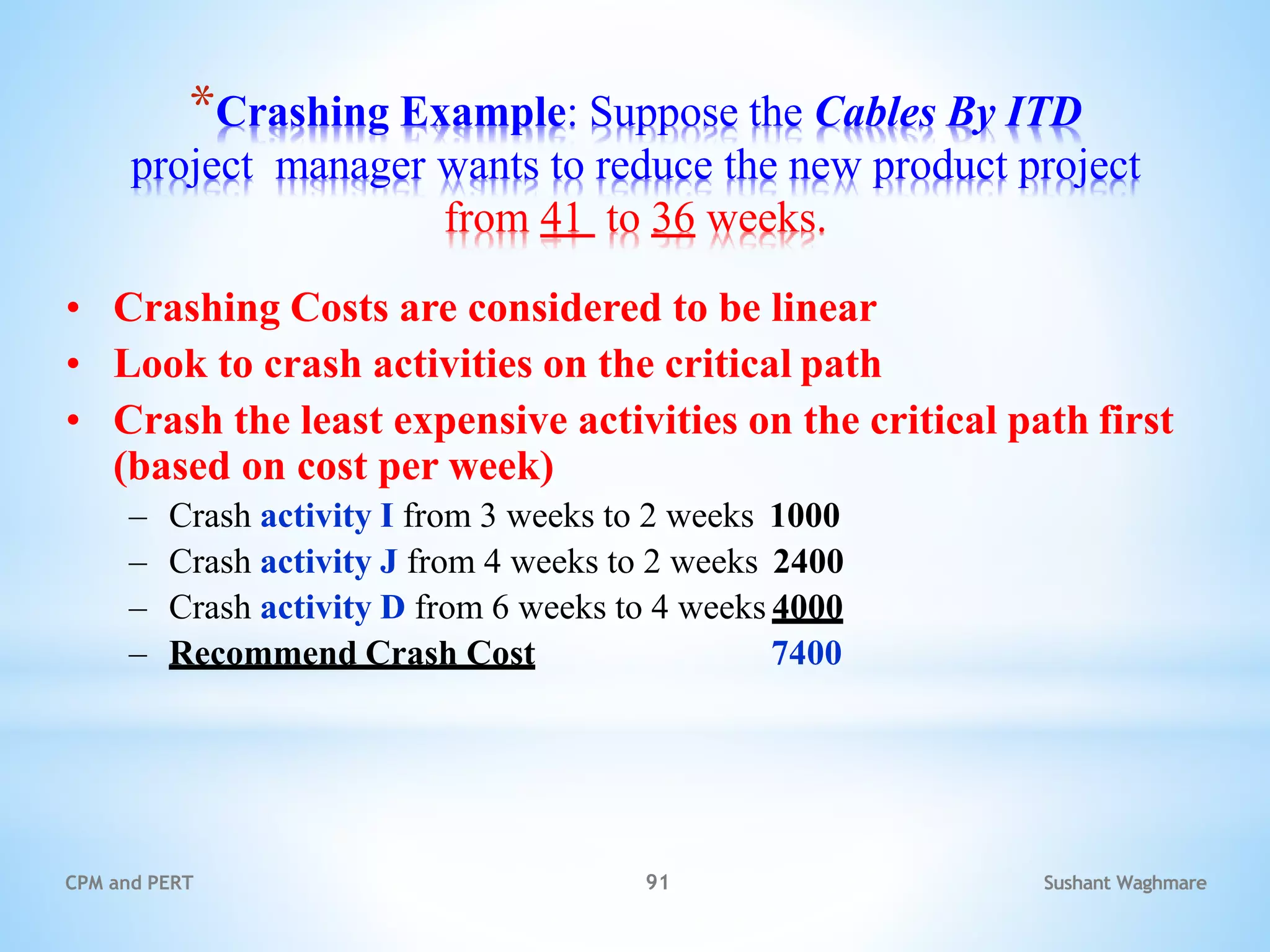 Sushant Waghmare
CPM and PERT 91
*Crashing Example: Suppose the Cables By ITD
project manager wants to reduce the new product project
from 41 to 36 weeks.
• Crashing Costs are considered to be linear
• Look to crash activities on the critical path
• Crash the least expensive activities on the critical path first
(based on cost per week)
– Crash activity I from 3 weeks to 2 weeks 1000
– Crash activity J from 4 weeks to 2 weeks 2400
– Crash activity D from 6 weeks to 4 weeks 4000
– Recommend Crash Cost 7400
 
