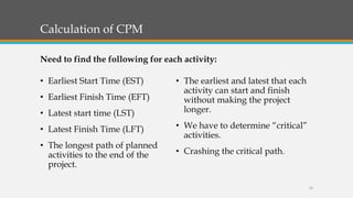 Calculation of CPM
• Earliest Start Time (EST)
• Earliest Finish Time (EFT)
• Latest start time (LST)
• Latest Finish Time (LFT)
• The longest path of planned
activities to the end of the
project.
• The earliest and latest that each
activity can start and finish
without making the project
longer.
• We have to determine “critical”
activities.
• Crashing the critical path.
Need to find the following for each activity:
13
 