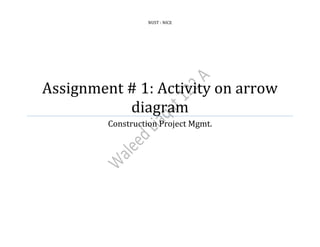 NUST - NICE

Assignment # 1: Activity on arrow
diagram
Construction Project Mgmt.

 