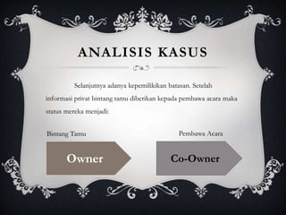ANALISIS KASUS
Selanjutnya adanya kepemilikikan batasan. Setelah
informasi privat bintang tamu diberikan kepada pembawa acara maka
status mereka menjadi:
Owner Co-Owner
Bintang Tamu Pembawa Acara
 