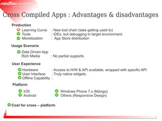Cross Compiled Apps : Advantages & disadvantages
  Production
       Learning Curve    : New tool chain (take getting used to)
       Tools             : IDEs, but debugging in target environment.
       Monetization      : App Store distribution

  Usage Scenario
       Data Driven App
       Rich Media      : No partial supports

  User Experience
        Hardware           : Access to H/W & API available, wrapped with specific API
        User Interface     : Truly native widgets.
        Offline Capability :
   Platform
        iOS                    Windows Phone 7.x (Mango)
        Android                Others (Responsive Design)

  Cost for cross – platform
 