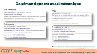 Comment utiliser le SEO pour booster votre conquête prospects ? – Février 2022
La sémantique est aussi mécanique
 Galerie officielle des résultats enrichis sur Google + spécifications techniques
Evénements
FAQ
Formations et cours
Avis + Produits
 