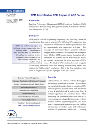 THOUGHT LEADERS FOR MANUFACTURING & SUPPLY CHAIN
ARC INSIGHTS
By Tom Fiske
& Sal Spada
INSIGHT# 2003-28M
JULY 16, 2003
CPM is the performance engine of
RPM that extracts hidden value from
existing assets. CPM enables an
easy flow of events and information
throughout the business to drive
innovation, continuously improve
manufacturing operations, and
sustain value.
CPM Identified as RPM Engine at ARC Forum
Keywords
Real-time Performance Management (RPM), Operational Excellence (OpX),
Collaborative Manufacturing Management (CMM), Collaborative Produc-
tion Management (CPM)
Summary
CPM plays a vital role in gathering, organizing, and providing context for
manufacturing data used to generate KPIs. Effective KPIs require real-time
collection of information on internal performance, mar-
ket requirements, and competitor activities. This
paradigm of performance-based operation embodies
best practices to direct and drive production and opera-
tions. Modern CPM systems extend throughout all of
operations, but systems are not monolithic and no sin-
gle supplier can provide the entire spectrum of RPM
needs. An effective CPM solution, however, is capable
of extracting additional value from existing manufacturing assets, thus
making the “hidden plant” productive. This is the final installment of a
series of insights that cover the highlights of the ARC Forum.
Analysis
CPM solutions are software systems that support
and manage production activities. By coordinat-
ing manufacturing data related to operations, CPM
solutions provide manufacturers with the means
to plan & schedule, track & analyze, and direct &
optimize operations on a continual basis. While
performing the production-centric functions, CPM
systems integrate with production control systems,
business systems, engineering systems, and main-
tenance management systems to provide visibility
into real-time production status and performance
analysis of production operations. Currently
Business Process Management
Integrate Manufacturing & Business Processes
Connect Factory Operations & Supply Chain
Visibility and Analytics
Manufacturing Intelligence
Workflow Planning
Production Process Simulation
Process Optimization
Regulatory Compliance Support
CPM Incorporated Functions
 