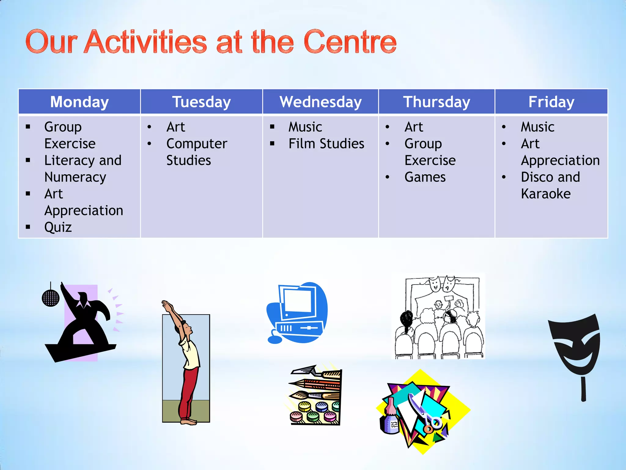 Monday Tuesday Wednesday Thursday Friday
 Group
Exercise
 Literacy and
Numeracy
 Art
Appreciation
 Quiz
• Art
• Computer
Studies
 Music
 Film Studies
• Art
• Group
Exercise
• Games
• Music
• Art
Appreciation
• Disco and
Karaoke
 