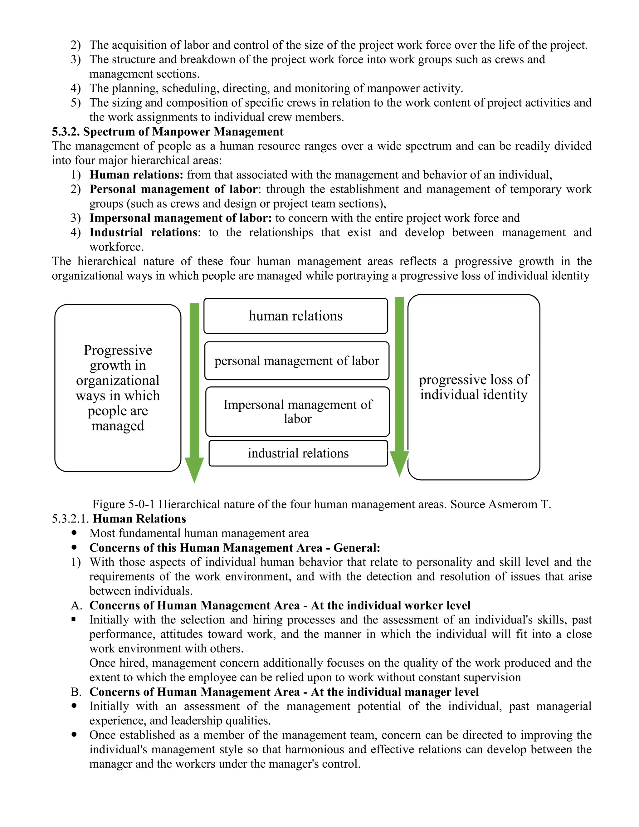 2) The acquisition of labor and control of the size of the project work force over the life of the project.
3) The structure and breakdown of the project work force into work groups such as crews and
management sections.
4) The planning, scheduling, directing, and monitoring of manpower activity.
5) The sizing and composition of specific crews in relation to the work content of project activities and
the work assignments to individual crew members.
5.3.2. Spectrum of Manpower Management
The management of people as a human resource ranges over a wide spectrum and can be readily divided
into four major hierarchical areas:
1) Human relations: from that associated with the management and behavior of an individual,
2) Personal management of labor: through the establishment and management of temporary work
groups (such as crews and design or project team sections),
3) Impersonal management of labor: to concern with the entire project work force and
4) Industrial relations: to the relationships that exist and develop between management and
workforce.
The hierarchical nature of these four human management areas reflects a progressive growth in the
organizational ways in which people are managed while portraying a progressive loss of individual identity
Figure 5-0-1 Hierarchical nature of the four human management areas. Source Asmerom T.
5.3.2.1. Human Relations
 Most fundamental human management area
 Concerns of this Human Management Area - General:
1) With those aspects of individual human behavior that relate to personality and skill level and the
requirements of the work environment, and with the detection and resolution of issues that arise
between individuals.
A. Concerns of Human Management Area - At the individual worker level
 Initially with the selection and hiring processes and the assessment of an individual's skills, past
performance, attitudes toward work, and the manner in which the individual will fit into a close
work environment with others.
Once hired, management concern additionally focuses on the quality of the work produced and the
extent to which the employee can be relied upon to work without constant supervision
B. Concerns of Human Management Area - At the individual manager level
 Initially with an assessment of the management potential of the individual, past managerial
experience, and leadership qualities.
 Once established as a member of the management team, concern can be directed to improving the
individual's management style so that harmonious and effective relations can develop between the
manager and the workers under the manager's control.
Progressive
growth in
organizational
ways in which
people are
managed
human relations
personal management of labor
Impersonal management of
labor
industrial relations
progressive loss of
individual identity
 
