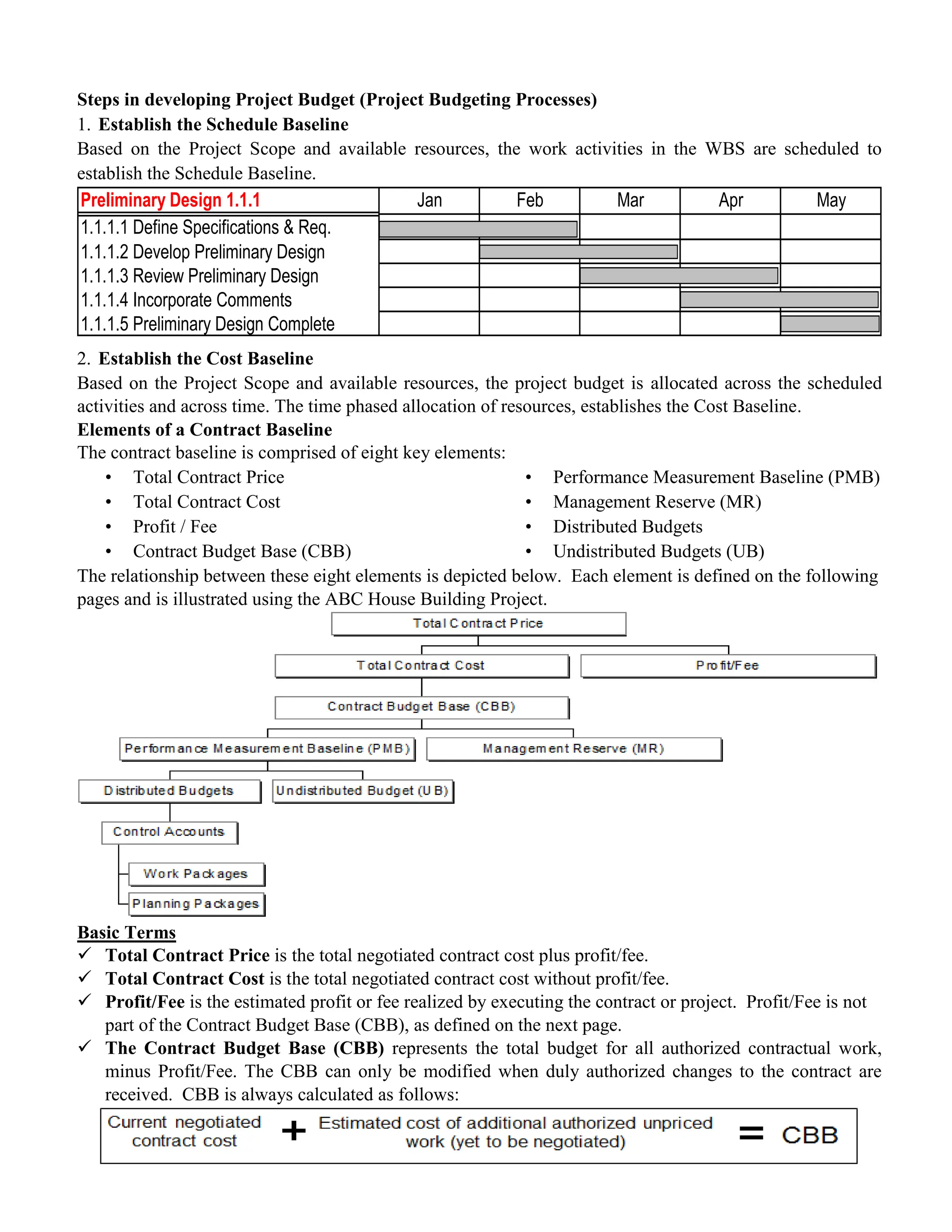 Steps in developing Project Budget (Project Budgeting Processes)
1. Establish the Schedule Baseline
Based on the Project Scope and available resources, the work activities in the WBS are scheduled to
establish the Schedule Baseline.
Preliminary Design 1.1.1 Jan Feb Mar Apr May
1.1.1.1 Define Specifications & Req.
1.1.1.2 Develop Preliminary Design
1.1.1.3 Review Preliminary Design
1.1.1.4 Incorporate Comments
1.1.1.5 Preliminary Design Complete
2. Establish the Cost Baseline
Based on the Project Scope and available resources, the project budget is allocated across the scheduled
activities and across time. The time phased allocation of resources, establishes the Cost Baseline.
Elements of a Contract Baseline
The contract baseline is comprised of eight key elements:
• Total Contract Price
• Total Contract Cost
• Profit / Fee
• Contract Budget Base (CBB)
• Performance Measurement Baseline (PMB)
• Management Reserve (MR)
• Distributed Budgets
• Undistributed Budgets (UB)
The relationship between these eight elements is depicted below. Each element is defined on the following
pages and is illustrated using the ABC House Building Project.
Basic Terms
 Total Contract Price is the total negotiated contract cost plus profit/fee.
 Total Contract Cost is the total negotiated contract cost without profit/fee.
 Profit/Fee is the estimated profit or fee realized by executing the contract or project. Profit/Fee is not
part of the Contract Budget Base (CBB), as defined on the next page.
 The Contract Budget Base (CBB) represents the total budget for all authorized contractual work,
minus Profit/Fee. The CBB can only be modified when duly authorized changes to the contract are
received. CBB is always calculated as follows:
 