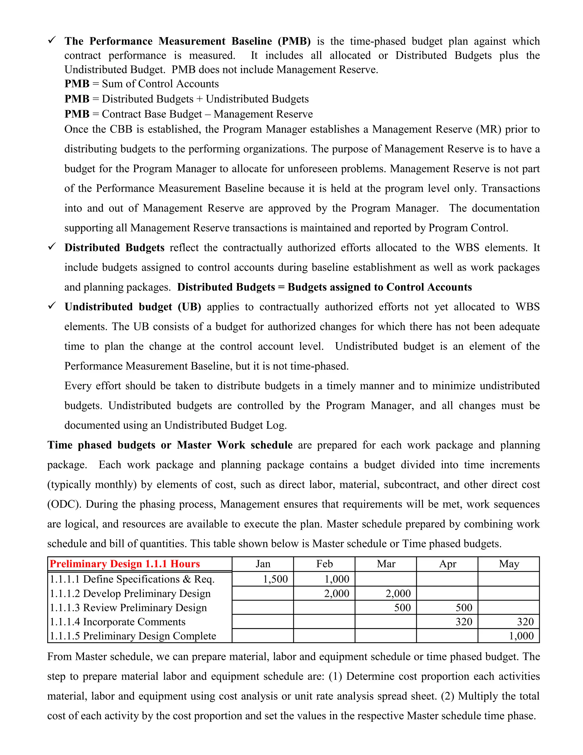  The Performance Measurement Baseline (PMB) is the time-phased budget plan against which
contract performance is measured. It includes all allocated or Distributed Budgets plus the
Undistributed Budget. PMB does not include Management Reserve.
PMB = Sum of Control Accounts
PMB = Distributed Budgets + Undistributed Budgets
PMB = Contract Base Budget – Management Reserve
Once the CBB is established, the Program Manager establishes a Management Reserve (MR) prior to
distributing budgets to the performing organizations. The purpose of Management Reserve is to have a
budget for the Program Manager to allocate for unforeseen problems. Management Reserve is not part
of the Performance Measurement Baseline because it is held at the program level only. Transactions
into and out of Management Reserve are approved by the Program Manager. The documentation
supporting all Management Reserve transactions is maintained and reported by Program Control.
 Distributed Budgets reflect the contractually authorized efforts allocated to the WBS elements. It
include budgets assigned to control accounts during baseline establishment as well as work packages
and planning packages. Distributed Budgets = Budgets assigned to Control Accounts
 Undistributed budget (UB) applies to contractually authorized efforts not yet allocated to WBS
elements. The UB consists of a budget for authorized changes for which there has not been adequate
time to plan the change at the control account level. Undistributed budget is an element of the
Performance Measurement Baseline, but it is not time-phased.
Every effort should be taken to distribute budgets in a timely manner and to minimize undistributed
budgets. Undistributed budgets are controlled by the Program Manager, and all changes must be
documented using an Undistributed Budget Log.
Time phased budgets or Master Work schedule are prepared for each work package and planning
package. Each work package and planning package contains a budget divided into time increments
(typically monthly) by elements of cost, such as direct labor, material, subcontract, and other direct cost
(ODC). During the phasing process, Management ensures that requirements will be met, work sequences
are logical, and resources are available to execute the plan. Master schedule prepared by combining work
schedule and bill of quantities. This table shown below is Master schedule or Time phased budgets.
Preliminary Design 1.1.1 Hours Jan Feb Mar Apr May
1.1.1.1 Define Specifications & Req. 1,500 1,000
1.1.1.2 Develop Preliminary Design 2,000 2,000
1.1.1.3 Review Preliminary Design 500 500
1.1.1.4 Incorporate Comments 320 320
1.1.1.5 Preliminary Design Complete 1,000
From Master schedule, we can prepare material, labor and equipment schedule or time phased budget. The
step to prepare material labor and equipment schedule are: (1) Determine cost proportion each activities
material, labor and equipment using cost analysis or unit rate analysis spread sheet. (2) Multiply the total
cost of each activity by the cost proportion and set the values in the respective Master schedule time phase.
 