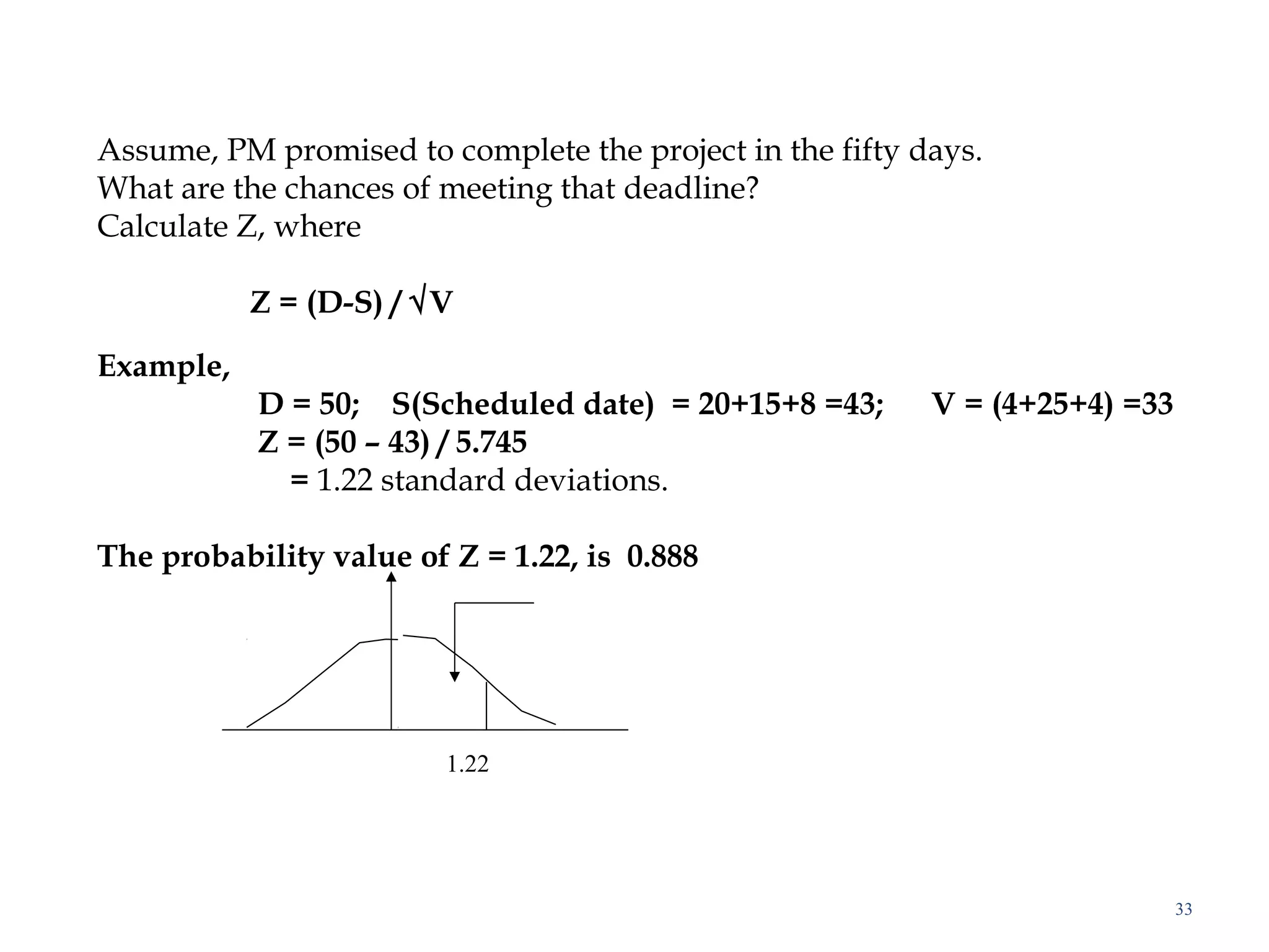 33
Assume, PM promised to complete the project in the fifty days.
What are the chances of meeting that deadline?
Calculate Z, where
Z = (D-S) / √V
 
Example,
D = 50; S(Scheduled date) = 20+15+8 =43; V = (4+25+4) =33
Z = (50 – 43) / 5.745
= 1.22 standard deviations.
 
The probability value of Z = 1.22, is 0.888
 
 
1.22
 