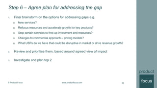 © Product Focus www.productfocus.com
Step 6 – Agree plan for addressing the gap
1. Final brainstorm on the options for addressing gaps e.g.
 New services?
 Refocus resources and accelerate growth for key products?
 Stop certain services to free up investment and resources?
 Changes to commercial approach – pricing models?
 What USPs do we have that could be disruptive in market or drive revenue growth?
2. Review and prioritise them, based around agreed view of impact
3. Investigate and plan top 2
33
 