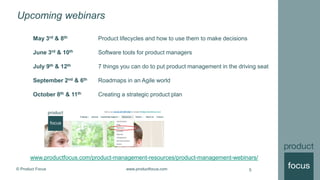 © Product Focus www.productfocus.com
May 3rd & 8th
June 3rd & 10th
July 9th & 12th
September 2nd & 6th
October 8th & 11th
Product lifecycles and how to use them to make decisions
Software tools for product managers
7 things you can do to put product management in the driving seat
Roadmaps in an Agile world
Creating a strategic product plan
Upcoming webinars
5
www.productfocus.com/product-management-resources/product-management-webinars/
 