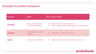 Example PLG B2B Companies
Product Oﬀer PLG Super Power
Dropbox
Store and share your
most important ﬁles
● Native experience (integration)
● Share right away (bringing others into the product)
Airtable
No-code / low-code
platform
● Templates / Airtable Universe
Zoom Real time collaboration ● Speed to start, invite others to, and join a call
 