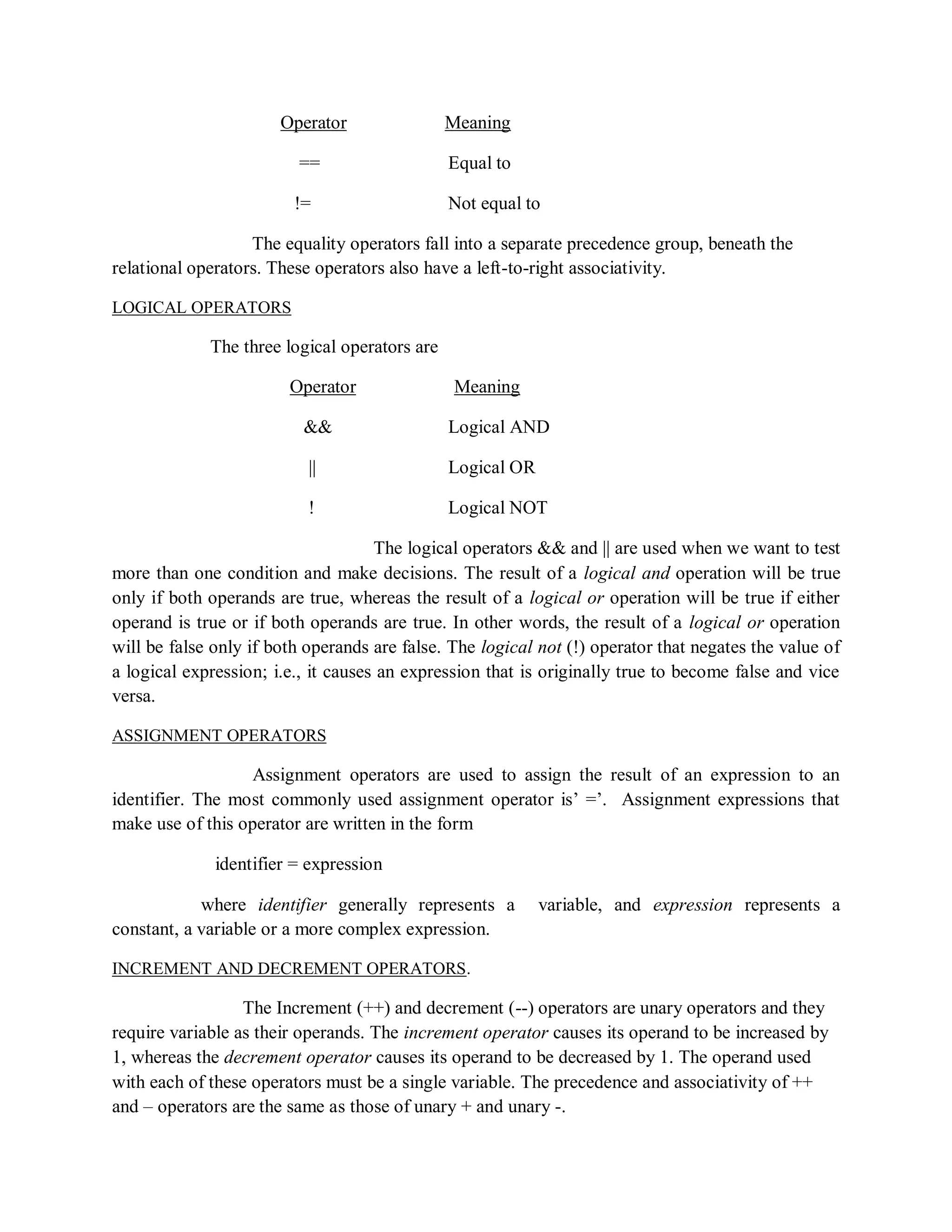 Operator Meaning
== Equal to
!= Not equal to
The equality operators fall into a separate precedence group, beneath the
relational operators. These operators also have a left-to-right associativity.
LOGICAL OPERATORS
The three logical operators are
Operator Meaning
&& Logical AND
|| Logical OR
! Logical NOT
The logical operators && and || are used when we want to test
more than one condition and make decisions. The result of a logical and operation will be true
only if both operands are true, whereas the result of a logical or operation will be true if either
operand is true or if both operands are true. In other words, the result of a logical or operation
will be false only if both operands are false. The logical not (!) operator that negates the value of
a logical expression; i.e., it causes an expression that is originally true to become false and vice
versa.
ASSIGNMENT OPERATORS
Assignment operators are used to assign the result of an expression to an
identifier. The most commonly used assignment operator is‟ =‟. Assignment expressions that
make use of this operator are written in the form
identifier = expression
where identifier generally represents a variable, and expression represents a
constant, a variable or a more complex expression.
INCREMENT AND DECREMENT OPERATORS.
The Increment (++) and decrement (--) operators are unary operators and they
require variable as their operands. The increment operator causes its operand to be increased by
1, whereas the decrement operator causes its operand to be decreased by 1. The operand used
with each of these operators must be a single variable. The precedence and associativity of ++
and – operators are the same as those of unary + and unary -.
 