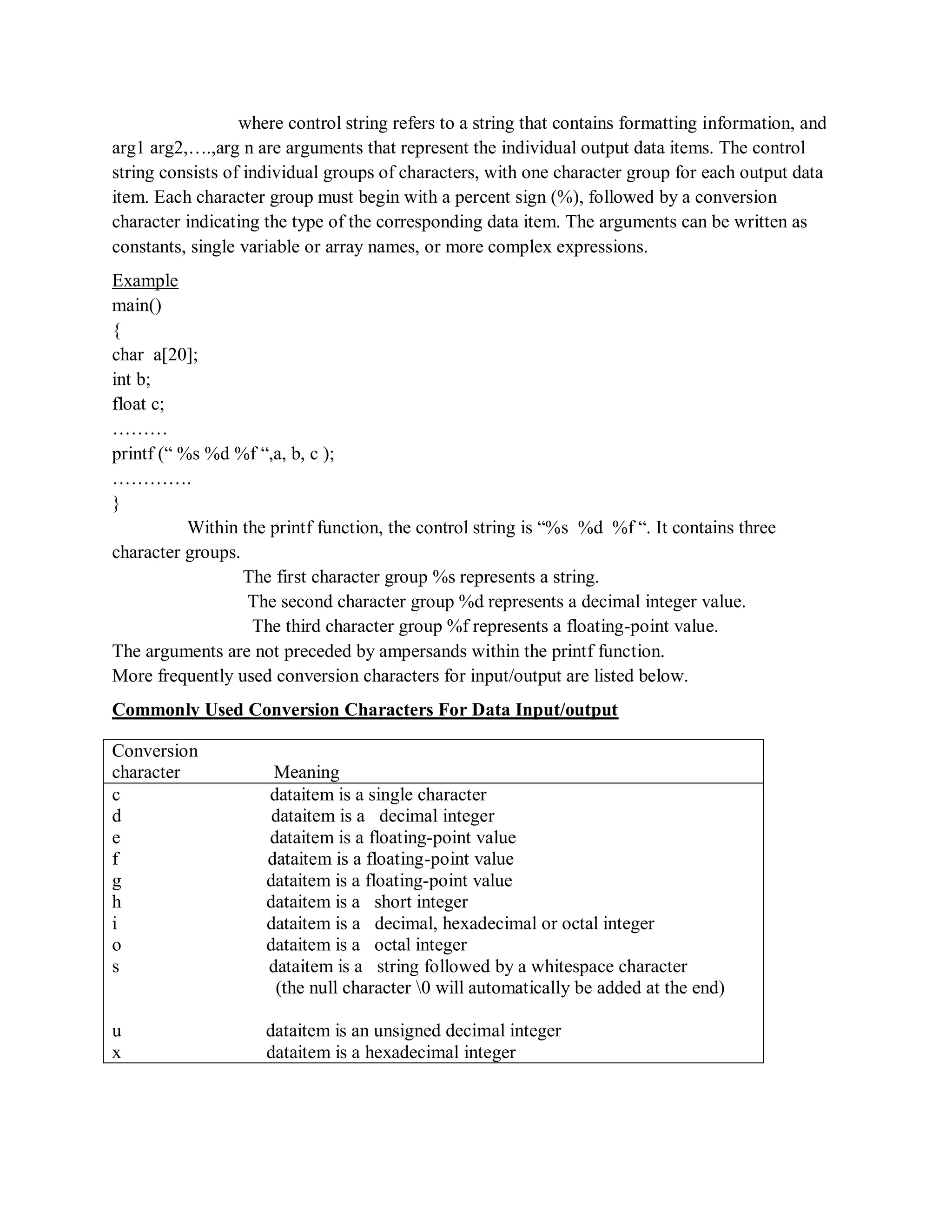 where control string refers to a string that contains formatting information, and
arg1 arg2,….,arg n are arguments that represent the individual output data items. The control
string consists of individual groups of characters, with one character group for each output data
item. Each character group must begin with a percent sign (%), followed by a conversion
character indicating the type of the corresponding data item. The arguments can be written as
constants, single variable or array names, or more complex expressions.
Example
main()
{
char a[20];
int b;
float c;
………
printf (“ %s %d %f “,a, b, c );
………….
}
Within the printf function, the control string is “%s %d %f “. It contains three
character groups.
The first character group %s represents a string.
The second character group %d represents a decimal integer value.
The third character group %f represents a floating-point value.
The arguments are not preceded by ampersands within the printf function.
More frequently used conversion characters for input/output are listed below.
Commonly Used Conversion Characters For Data Input/output
Conversion
character Meaning
c dataitem is a single character
d dataitem is a decimal integer
e dataitem is a floating-point value
f dataitem is a floating-point value
g dataitem is a floating-point value
h dataitem is a short integer
i dataitem is a decimal, hexadecimal or octal integer
o dataitem is a octal integer
s dataitem is a string followed by a whitespace character
(the null character 0 will automatically be added at the end)
u dataitem is an unsigned decimal integer
x dataitem is a hexadecimal integer
 