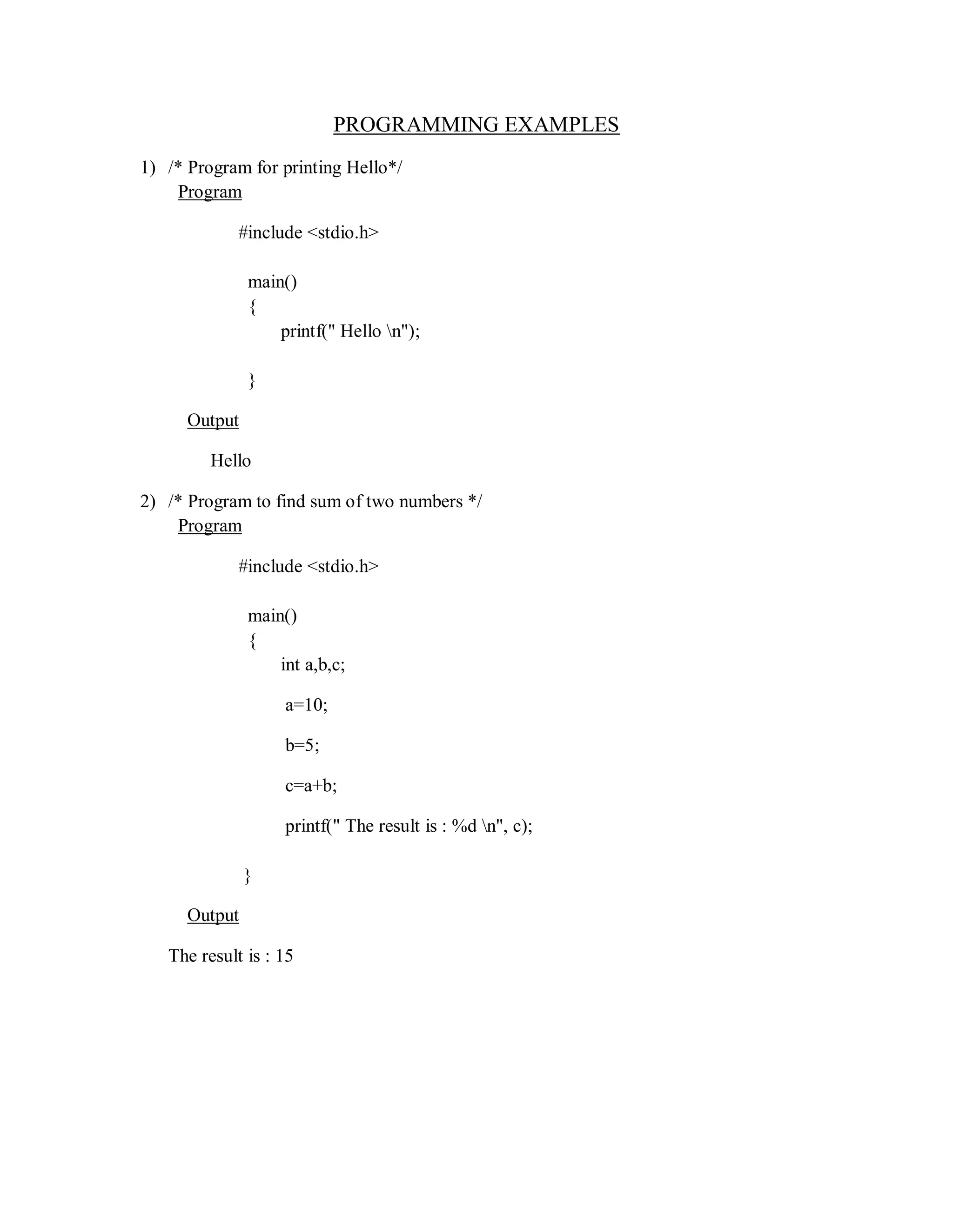 PROGRAMMING EXAMPLES
1) /* Program for printing Hello*/
Program
#include <stdio.h>
main()
{
printf(" Hello n");
}
Output
Hello
2) /* Program to find sum of two numbers */
Program
#include <stdio.h>
main()
{
int a,b,c;
a=10;
b=5;
c=a+b;
printf(" The result is : %d n", c);
}
Output
The result is : 15
 