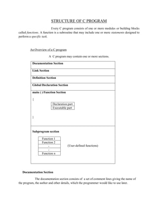 STRUCTURE OF C PROGRAM
Every C program consists of one or more modules or building blocks
called functions. A function is a subroutine that may include one or more statements designed to
perform a specific task.
An Overview of a C program
A C program may contain one or more sections.
Documentation Section
Link Section
Definition Section
Global Declaration Section
main ( ) Function Section
{
}
Declaration part
Executable part
Subprogram section
(User-defined functions)
Function 1
Function 2
-
-
Function n
Documentation Section
The documentation section consists of a set of comment lines giving the name of
the program, the author and other details, which the programmer would like to use later.
 