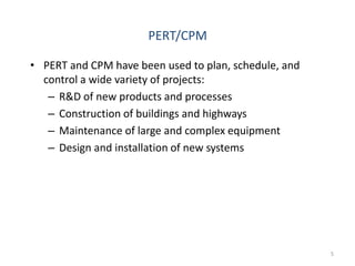 5
• PERT and CPM have been used to plan, schedule, and
control a wide variety of projects:
– R&D of new products and processes
– Construction of buildings and highways
– Maintenance of large and complex equipment
– Design and installation of new systems
PERT/CPM
 