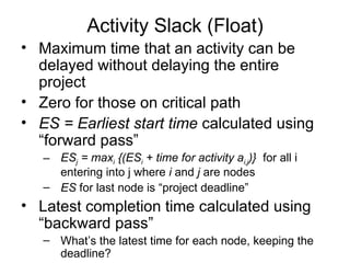 Activity Slack (Float) Maximum time that an activity can be delayed without delaying the entire project  Zero for those on critical path ES = Earliest start time  calculated using “forward pass” ES j  = max i  {(ES i  + time for activity a i,j )}   for all i entering into j where  i  and  j  are nodes  ES  for last node is “project deadline” Latest completion time calculated using “backward pass” What’s the latest time for each node, keeping the deadline? 
