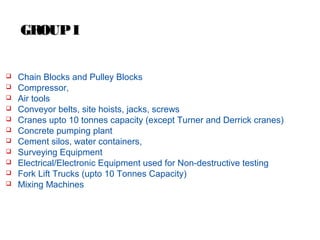 GROUP I












Chain Blocks and Pulley Blocks
Compressor,
Air tools
Conveyor belts, site hoists, jacks, screws
Cranes upto 10 tonnes capacity (except Turner and Derrick cranes)
Concrete pumping plant
Cement silos, water containers,
Surveying Equipment
Electrical/Electronic Equipment used for Non-destructive testing
Fork Lift Trucks (upto 10 Tonnes Capacity)
Mixing Machines

Confidential

Slide

 