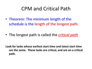 CPM and Critical Path 
• Theorem: The minimum length of the 
schedule is the length of the longest path. 
• The longest path is called the critical path 
Look for tasks whose earliest start time and latest start time 
are the same. These tasks are critical, and are on a critical 
path. 
 