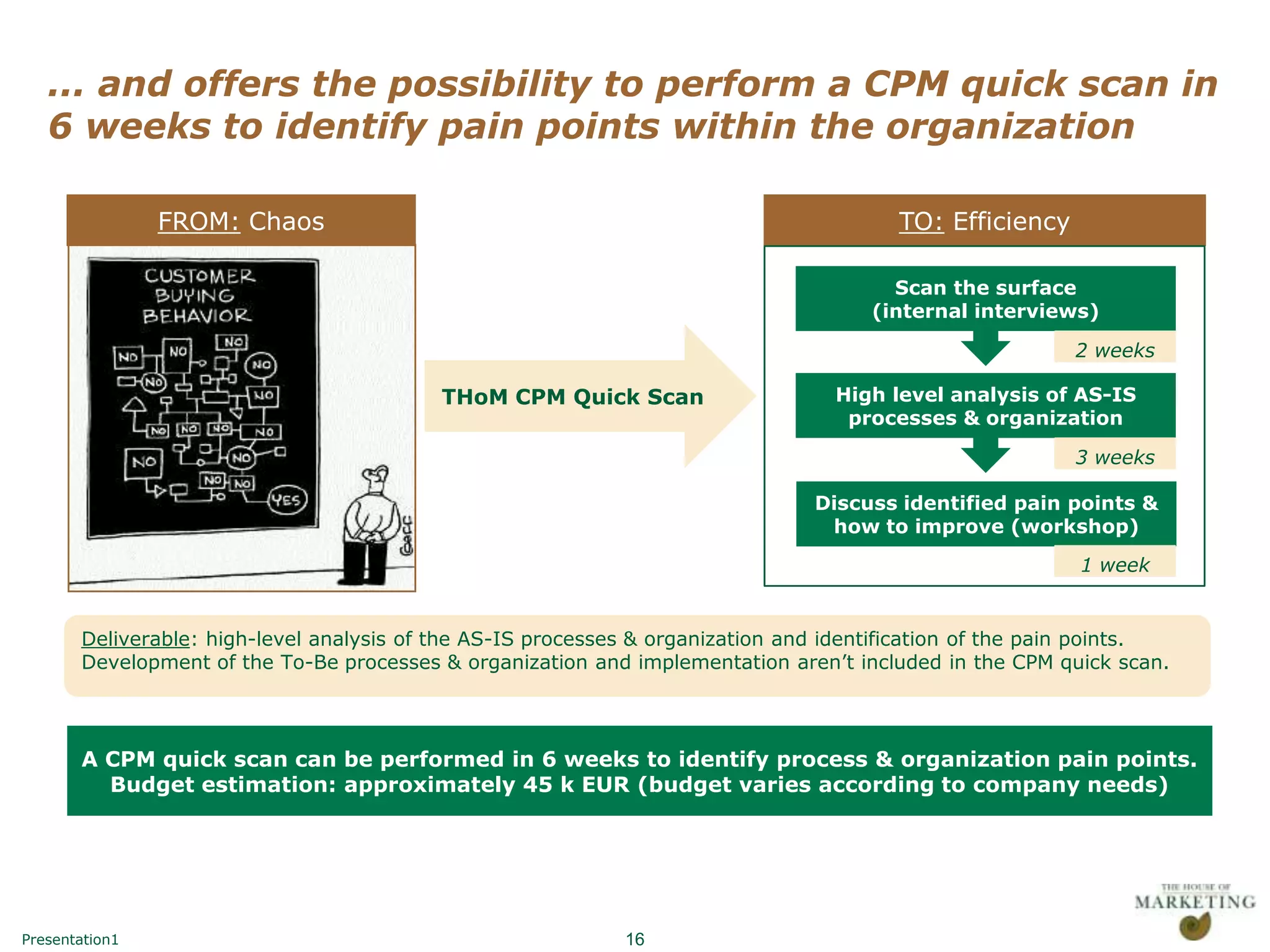 – Draft –

   ... and offers the possibility to perform a CPM quick scan in
   6 weeks to identify pain points within the organization

                FROM: Chaos                                                             TO: Efficiency

                                                                                        Scan the surface
                                                                                      (internal interviews)

                                                                                                          2 weeks

                                           THoM CPM Quick Scan                    High level analysis of AS-IS
                                                                                   processes & organization

                                                                                                          3 weeks

                                                                                Discuss identified pain points &
                                                                                 how to improve (workshop)
                                                                                                           1 week


       Deliverable: high-level analysis of the AS-IS processes & organization and identification of the pain points.
       Development of the To-Be processes & organization and implementation aren‟t included in the CPM quick scan.




       A CPM quick scan can be performed in 6 weeks to identify process & organization pain points.
         Budget estimation: approximately 45 k EUR (budget varies according to company needs)




Presentation1                                                16
 
