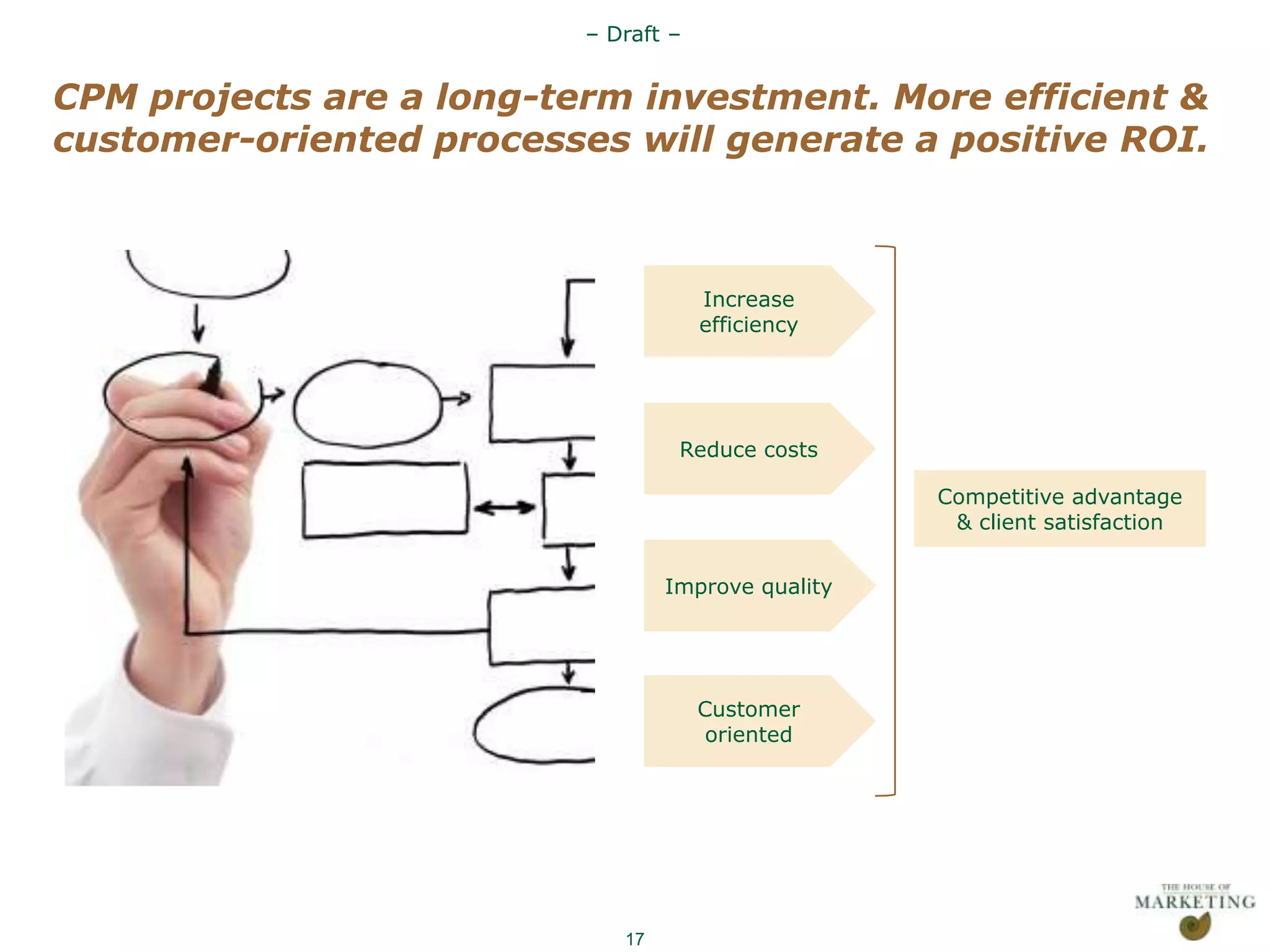 – Draft –


    CPM projects are a long-term investment. More efficient &
    customer-oriented processes will generate a positive ROI.



                                          Increase
                                          efficiency




                                       Reduce costs

                                                        Competitive advantage
                                                         & client satisfaction


                                      Improve quality




                                          Customer
                                           oriented




Presentation1                    17
 