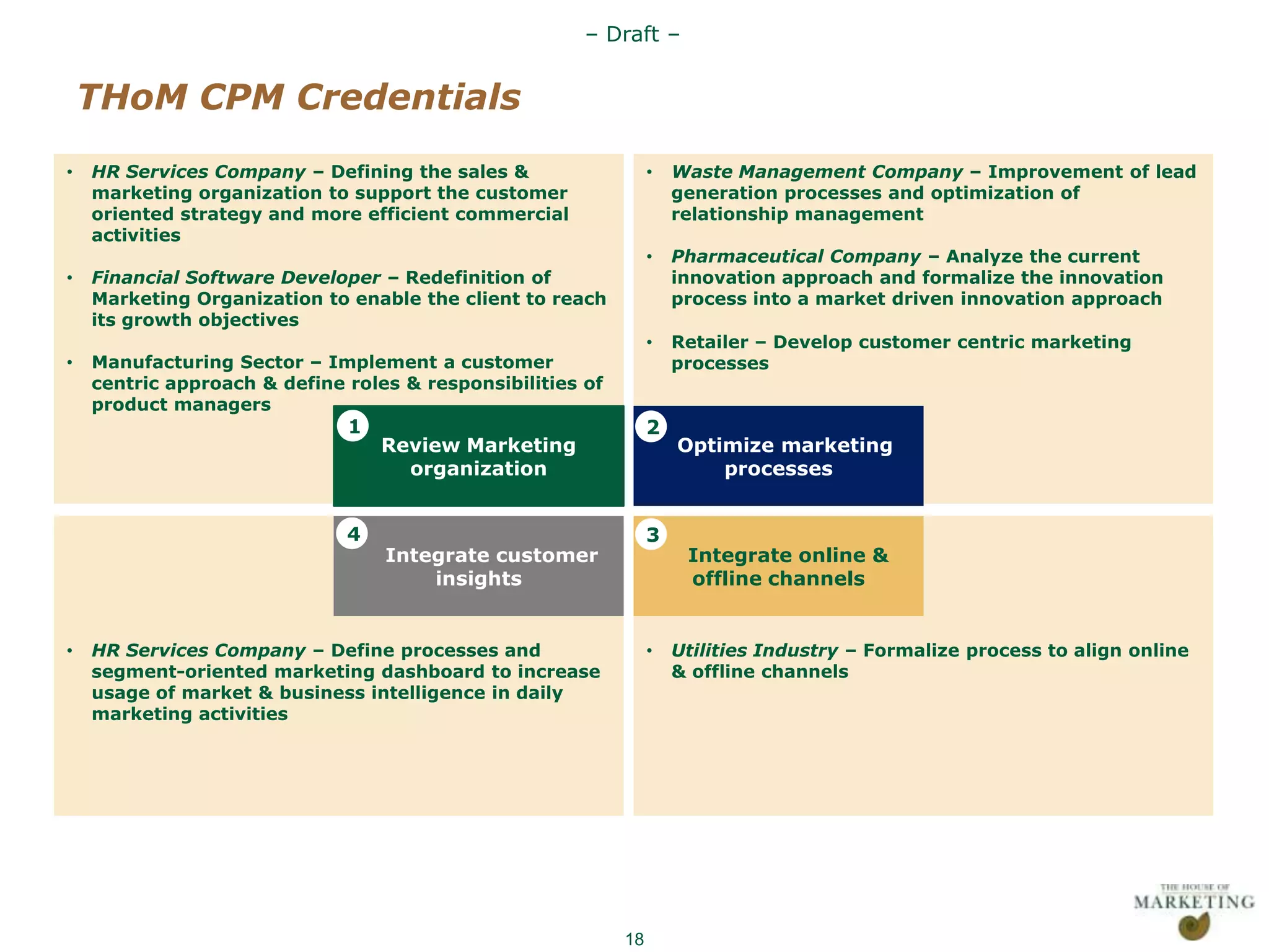 – Draft –


         THoM CPM Credentials
     •   HR Services Company – Defining the sales &                   •   Waste Management Company – Improvement of lead
         marketing organization to support the customer                   generation processes and optimization of
         oriented strategy and more efficient commercial                  relationship management
         activities
                                                                      •   Pharmaceutical Company – Analyze the current
     •   Financial Software Developer – Redefinition of                   innovation approach and formalize the innovation
         Marketing Organization to enable the client to reach             process into a market driven innovation approach
         its growth objectives
                                                                      •   Retailer – Develop customer centric marketing
     •   Manufacturing Sector – Implement a customer                      processes
         centric approach & define roles & responsibilities of
         product managers
                                   1                                  2
                                       Review Marketing                   Optimize marketing
                                         organization                         processes


                                   4                                  3
                                       Integrate customer                  Integrate online &
                                           insights                        offline channels


     •   HR Services Company – Define processes and                   •   Utilities Industry – Formalize process to align online
         segment-oriented marketing dashboard to increase                 & offline channels
         usage of market & business intelligence in daily
         marketing activities




Presentation1                                                    18
 