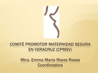 COMITÉ PROMOTOR MATERNIDAD SEGURA
        EN VERACRUZ (CPMSV)

    Mtra. Emma María Reyes Rosas
            Coordinadora
 