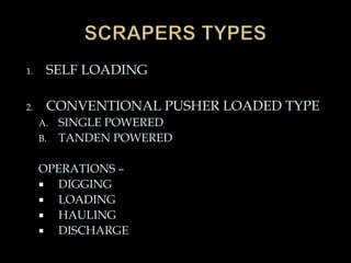 1. SELF LOADING
2. CONVENTIONAL PUSHER LOADED TYPE
A. SINGLE POWERED
B. TANDEN POWERED
OPERATIONS –
 DIGGING
 LOADING
 HAULING
 DISCHARGE
 