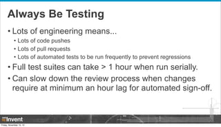 Always Be Testing
• Lots of engineering means...
• Lots of code pushes
• Lots of pull requests
• Lots of automated tests t...