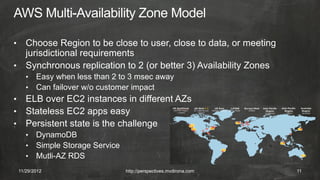 • Choose Region to be close to user, close to data, or meeting
  jurisdictional requirements
• Synchronous replication to 2 (or better 3) Availability Zones
       •   Easy when less than 2 to 3 msec away
       •   Can failover w/o customer impact
•      ELB over EC2 instances in different AZs
•      Stateless EC2 apps easy
•      Persistent state is the challenge
       •   DynamoDB
       •   Simple Storage Service
       •   Mutli-AZ RDS
    11/29/2012                      http://perspectives.mvdirona.com   11
 