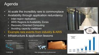 •      At scale the incredibly rare is commonplace
•      Availability through application redundancy
       •   Inter-region replication
       •   AWS Regions & Availability Zones
       •   Recovery Oriented Computing
       •   Avoiding capacity meltdown
•      Example rare events from industry & AWS
•      Infrastructure & application lessons




    11/29/2012                http://perspectives.mvdirona.com   16
 