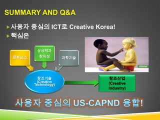 SUMMARY AND Q&A
 사용자 중심의 ICT로 Creative Korea!
 핵심은

         상상력과
 인문과      창의성
 문화요소                 과학기술




          창조기술               창조산업
         (Creative           (Creative
        Technology)
                             Industry)
 