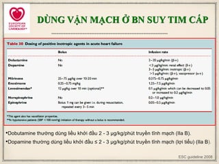 ESC guideline 2008
•Dobutamine thường dùng liều khởi đầu 2 - 3 μg/kg/phút truyền tĩnh mạch (IIa B).
•Dopamine thường dùng liều khởi đầu ≤ 2 - 3 μg/kg/phút truyền tĩnh mạch (lợi tiểu) (IIa B).
DÙNG VẬN MẠCH Ở BN SUY TIM CẤP
 