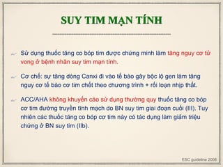 SUY TIM MẠN TÍNH
 Sử dụng thuốc tăng co bóp tim được chứng minh làm tăng nguy cơ tử
vong ở bệnh nhân suy tim mạn tính.
 Cơ chế: sự tăng dòng Canxi đi vào tế bào gây bộc lộ gen làm tăng
nguy cơ tế bào cơ tim chết theo chương trình + rối loạn nhịp thất.
 ACC/AHA không khuyến cáo sử dụng thường quy thuốc tăng co bóp
cơ tim đường truyền tĩnh mạch do BN suy tim giai đoạn cuối (III). Tuy
nhiên các thuốc tăng co bóp cơ tim này có tác dụng làm giảm triệu
chứng ở BN suy tim (IIb).
ESC guideline 2008
 