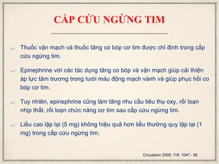 CẤP CỨU NGỪNG TIM
 Thuốc vận mạch và thuốc tăng co bóp cơ tim được chỉ định trong cấp
cứu ngừng tim.
 Epinephrine với các tác dụng tăng co bóp và vận mạch giúp cải thiện
áp lực tâm trương trong tưới máu động mạch vành và giúp phục hồi co
bóp cơ tim.
 Tuy nhiên, epinephrine cũng làm tăng nhu cầu tiêu thụ oxy, rối loạn
nhịp thất, rối loạn chức năng cơ tim sau cấp cứu ngừng tim.
 Liều cao lặp lại (5 mg) không hiệu quả hơn liều thường quy lặp lại (1
mg) trong cấp cứu ngừng tim.
Circulation 2008; 118: 1047 - 56
 