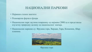 НАЦИОНАЛНИ ПАРКОВИ
• Највиши степен заштите
• Разноврсна фауна и флора
• Национални парк заузима површину од најмање 2000 ха и представља
изузетну природну целину од националног значаја.
• Национални паркови су: Фрушка гора, Ђердап, Тара, Копаоник, Шар-
планина.
Фрушка гора
 