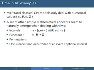 13 / 28 PDIA 2019 © 2019 IBM Corporation
Time in AI: examples
MILP (and classical CP) models only deal with numerical
values ( x∈ , x∈ )
A set of other simple mathematical concepts seem to
naturally emerge when dealing with time:
Intervals : a = [s,e) = { x∈ | s≤x<e }
Functions : f: →
Permutations
Occurrence / non-occurrence of an event : optional interval
ℝ
ℝ
ℝ ℤ
ℤ
 