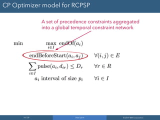 18 / 28 PDIA 2019 © 2019 IBM Corporation
CP Optimizer model for RCPSP
A set of precedence constraints aggregated
into a global temporal constraint network
 